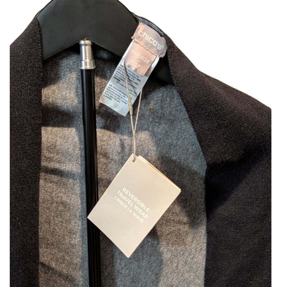 Chico’s Reversible Travel Wrap One Size Black Gray 4 Way NWT